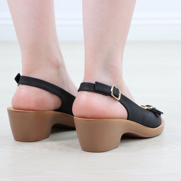 Black Slingback Wedge Sandals Women’s Open Toe Gold Buckle Comfort 2” Heel - Picture 6 of 16